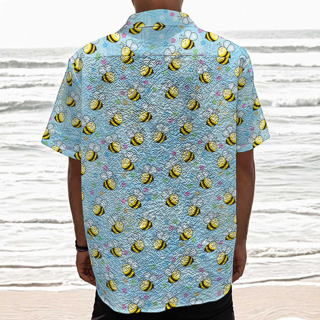 Cute Cartoon Bee Pattern Print Textured Short Sleeve Shirt