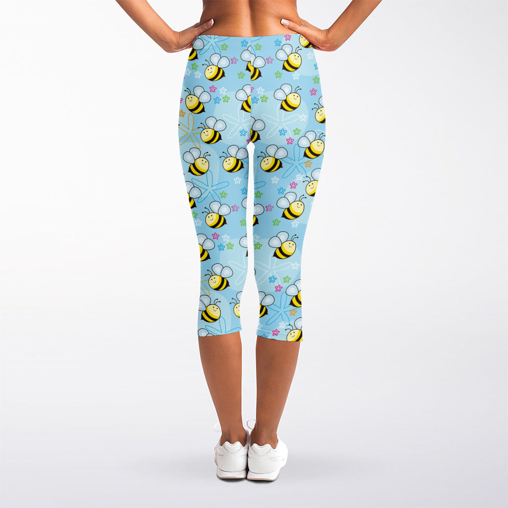 Cute Cartoon Bee Pattern Print Women's Capri Leggings
