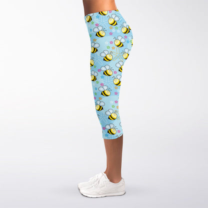 Cute Cartoon Bee Pattern Print Women's Capri Leggings
