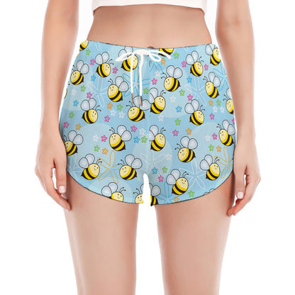 Cute Cartoon Bee Pattern Print Women's Split Running Shorts
