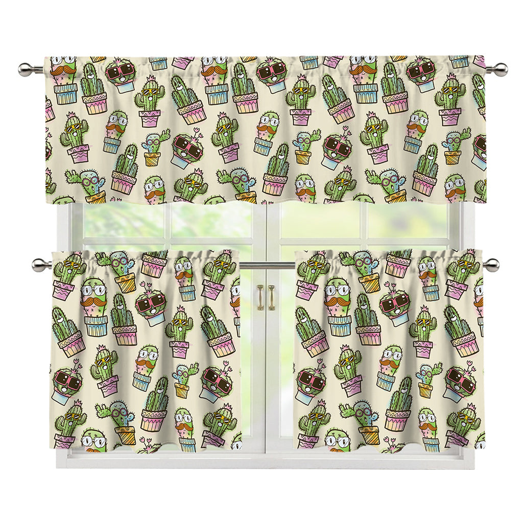 Cute Cartoon Cactus Pattern Print 3 Piece Kitchen Curtains