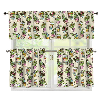 Cute Cartoon Cactus Pattern Print 3 Piece Kitchen Curtains