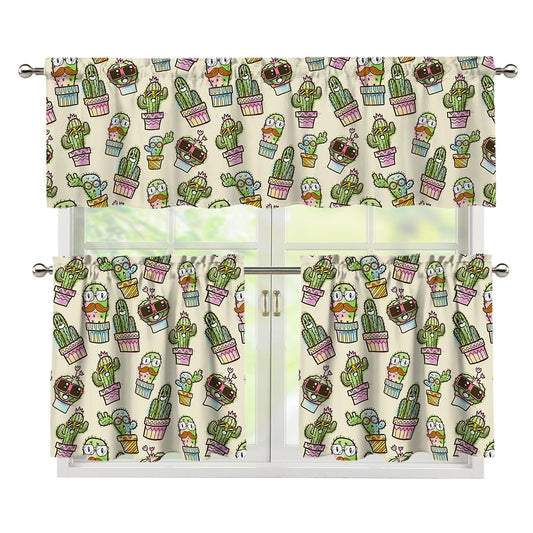 Cute Cartoon Cactus Pattern Print 3 Piece Kitchen Curtains