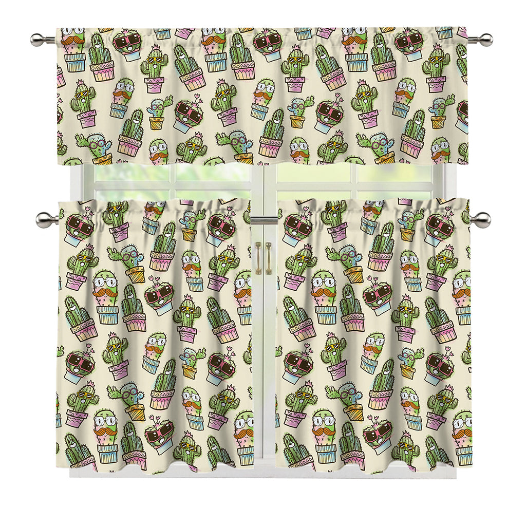 Cute Cartoon Cactus Pattern Print 3 Piece Kitchen Curtains