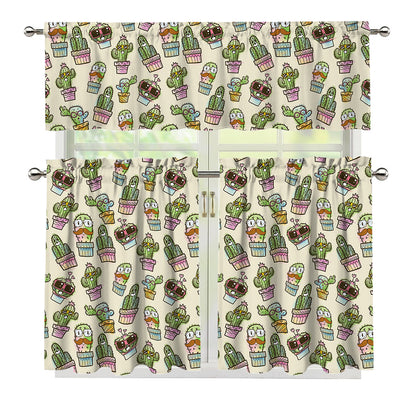 Cute Cartoon Cactus Pattern Print 3 Piece Kitchen Curtains