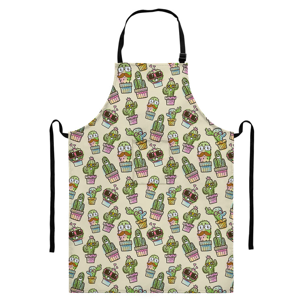 Cute Cartoon Cactus Pattern Print Bib Apron With Pocket