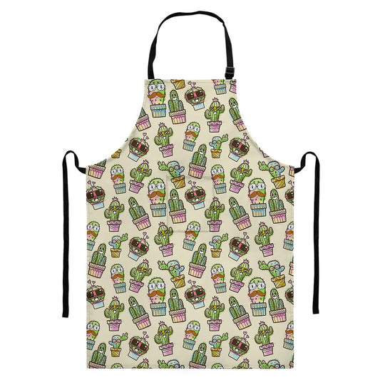 Cute Cartoon Cactus Pattern Print Bib Apron With Pocket