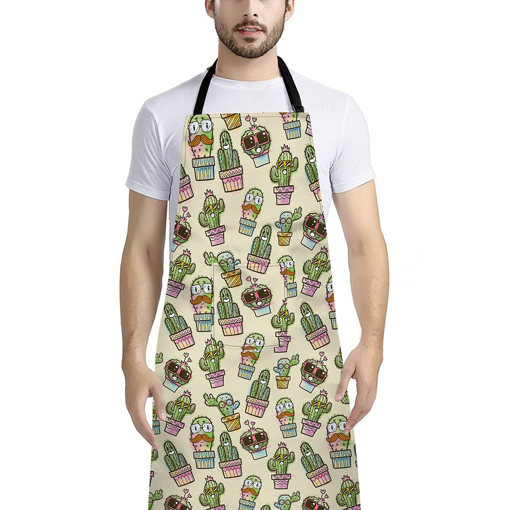 Cute Cartoon Cactus Pattern Print Bib Apron With Pocket