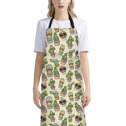Cute Cartoon Cactus Pattern Print Bib Apron With Pocket