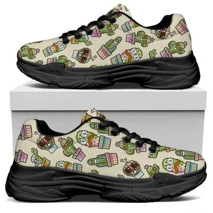 Cute Cartoon Cactus Pattern Print Black Chunky Shoes