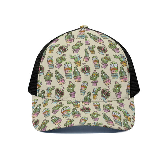 Cute Cartoon Cactus Pattern Print Black Mesh Trucker Cap
