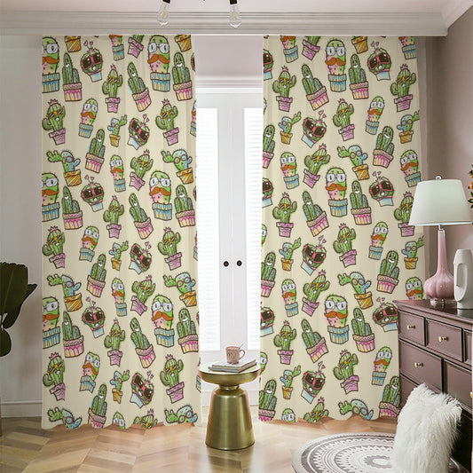 Cute Cartoon Cactus Pattern Print Blackout Pencil Pleat Curtains