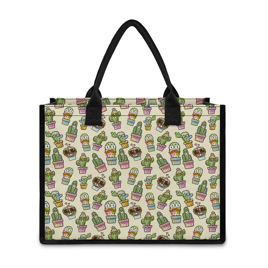 Cute Cartoon Cactus Pattern Print Canvas Tote Bag