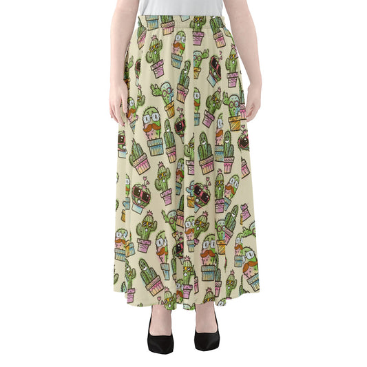 Cute Cartoon Cactus Pattern Print Chiffon Maxi Skirt