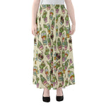 Cute Cartoon Cactus Pattern Print Chiffon Maxi Skirt