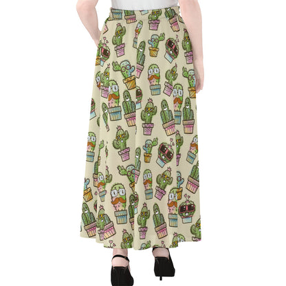 Cute Cartoon Cactus Pattern Print Chiffon Maxi Skirt