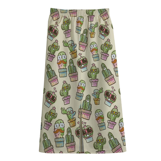 Cute Cartoon Cactus Pattern Print Cotton Front Slit Maxi Skirt