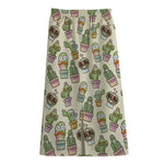 Cute Cartoon Cactus Pattern Print Cotton Front Slit Maxi Skirt