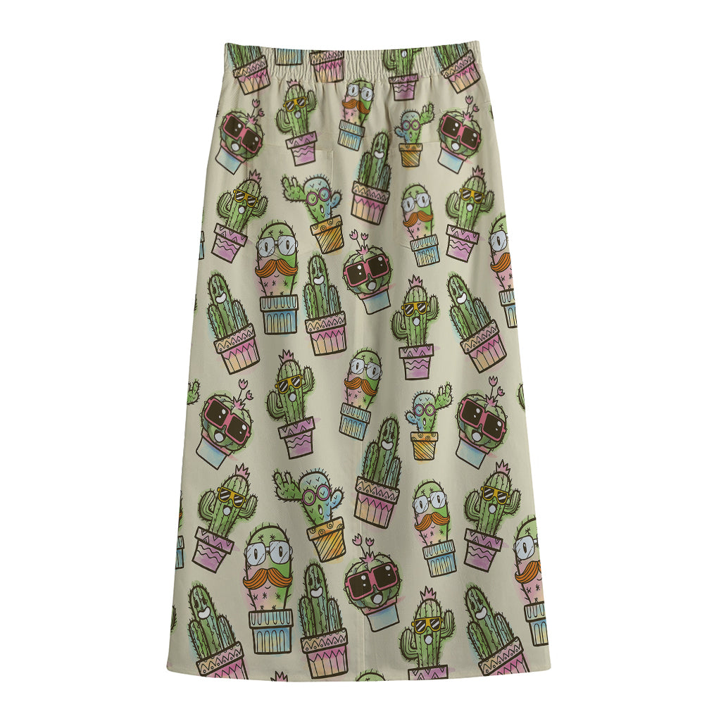Cute Cartoon Cactus Pattern Print Cotton Front Slit Maxi Skirt