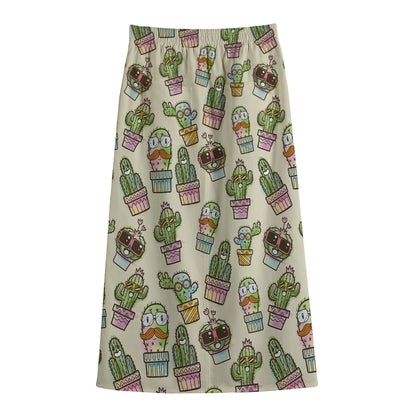 Cute Cartoon Cactus Pattern Print Cotton Front Slit Maxi Skirt