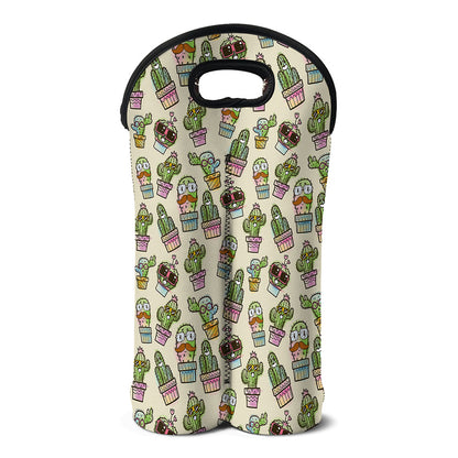 Cute Cartoon Cactus Pattern Print Double Neoprene Wine Tote