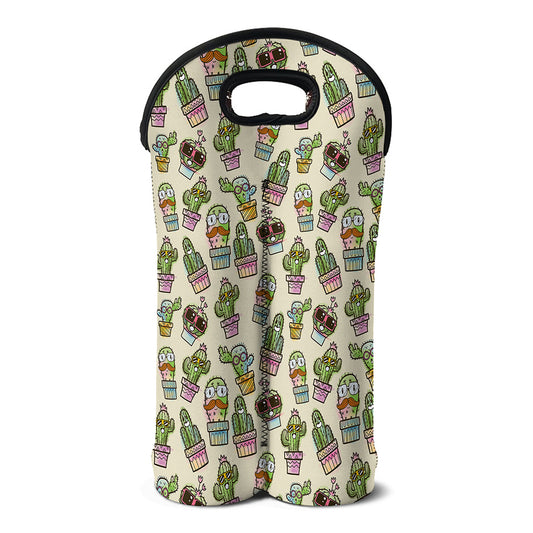 Cute Cartoon Cactus Pattern Print Double Neoprene Wine Tote