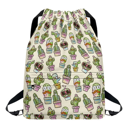 Cute Cartoon Cactus Pattern Print Drawstring Backpack