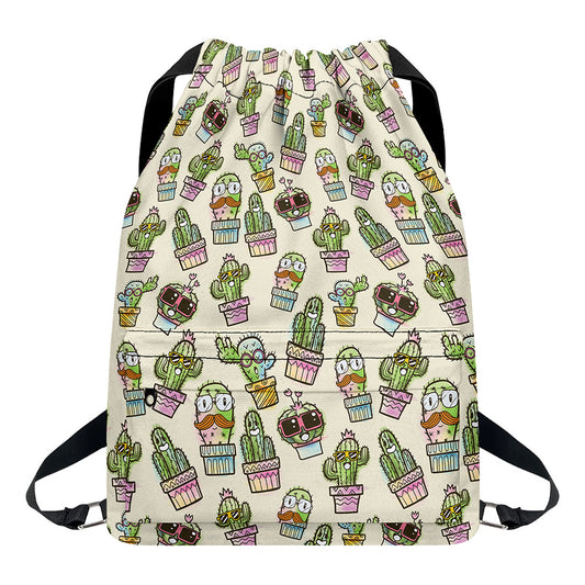 Cute Cartoon Cactus Pattern Print Drawstring Backpack