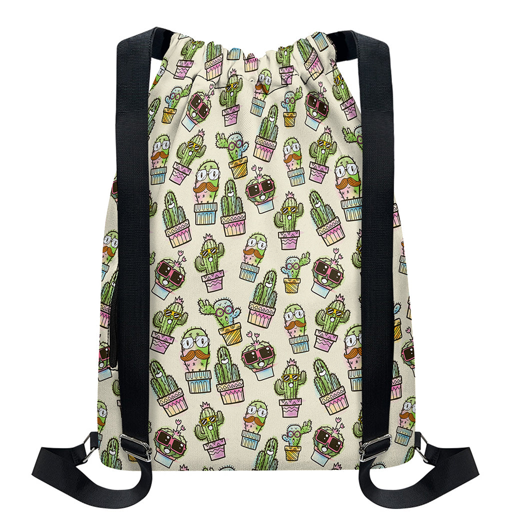 Cute Cartoon Cactus Pattern Print Drawstring Backpack