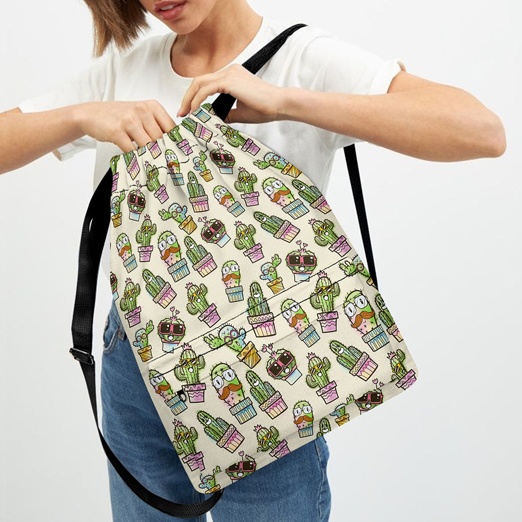 Cute Cartoon Cactus Pattern Print Drawstring Backpack