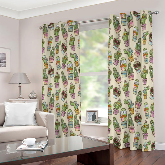 Cute Cartoon Cactus Pattern Print Extra Wide Grommet Curtains