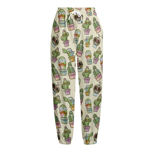 Cute Cartoon Cactus Pattern Print Fleece Lined Knit Pants