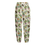 Cute Cartoon Cactus Pattern Print Fleece Lined Knit Pants