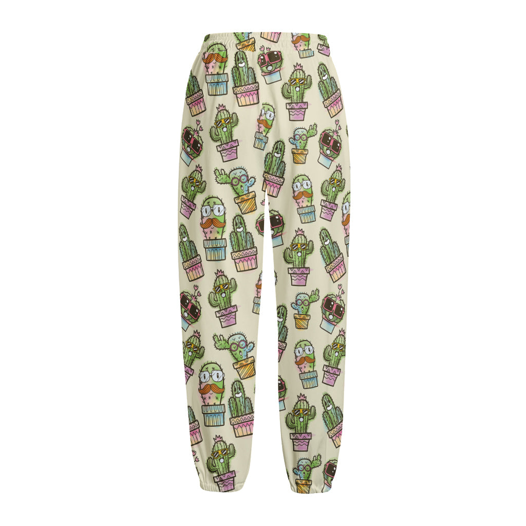 Cute Cartoon Cactus Pattern Print Fleece Lined Knit Pants