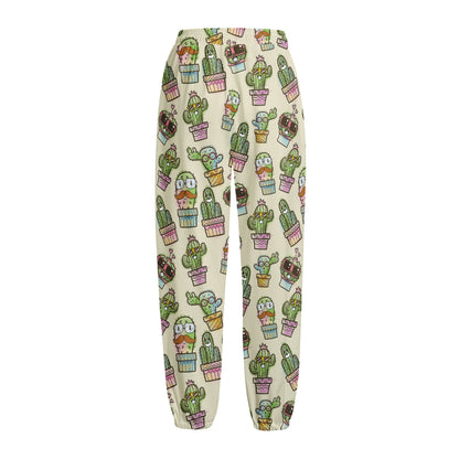 Cute Cartoon Cactus Pattern Print Fleece Lined Knit Pants
