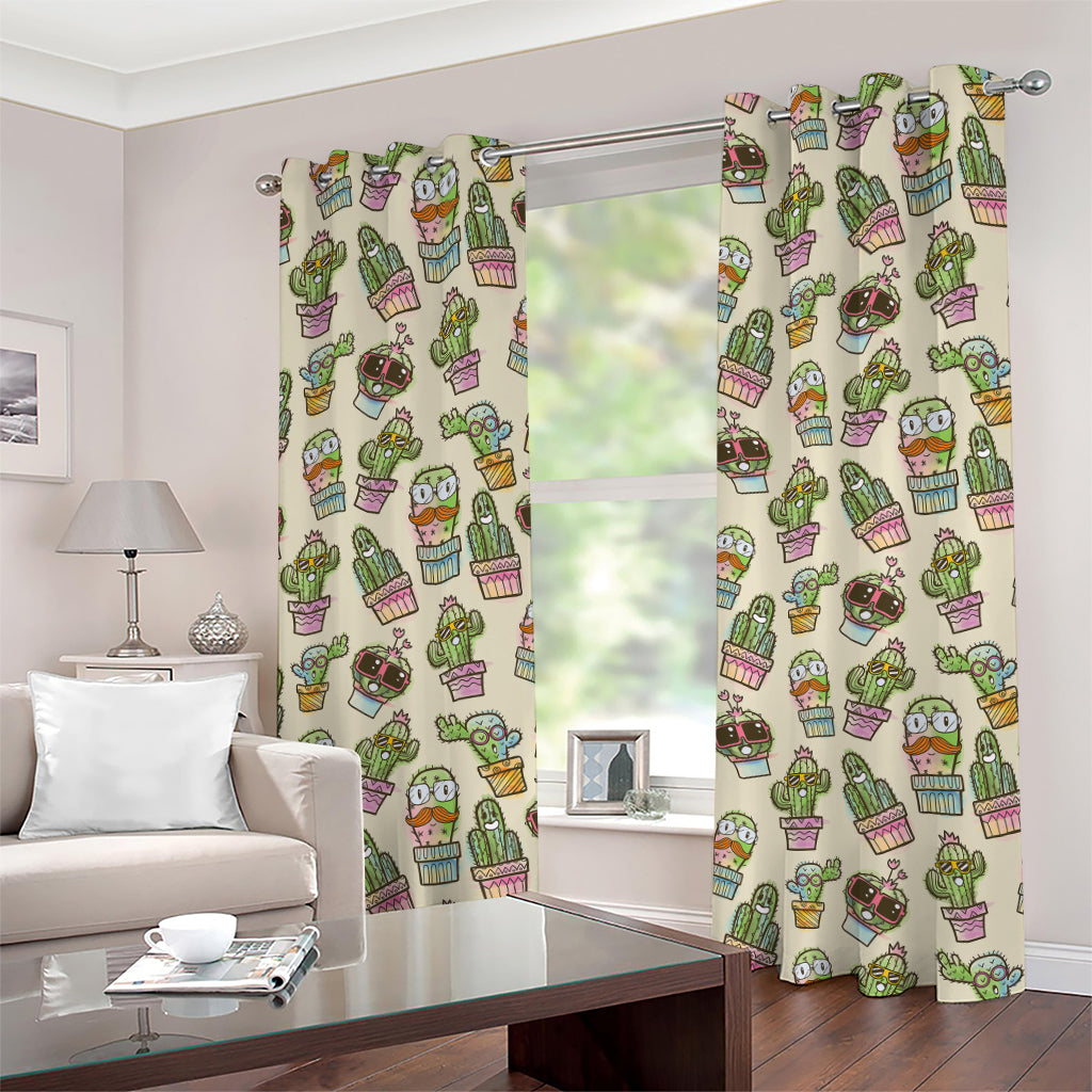 Cute Cartoon Cactus Pattern Print Grommet Curtains