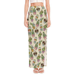 Cute Cartoon Cactus Pattern Print High Slit Maxi Skirt