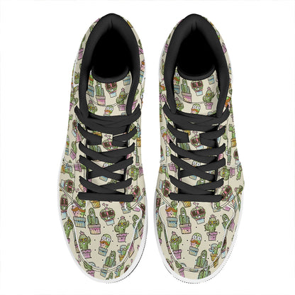 Cute Cartoon Cactus Pattern Print High Top Leather Sneakers