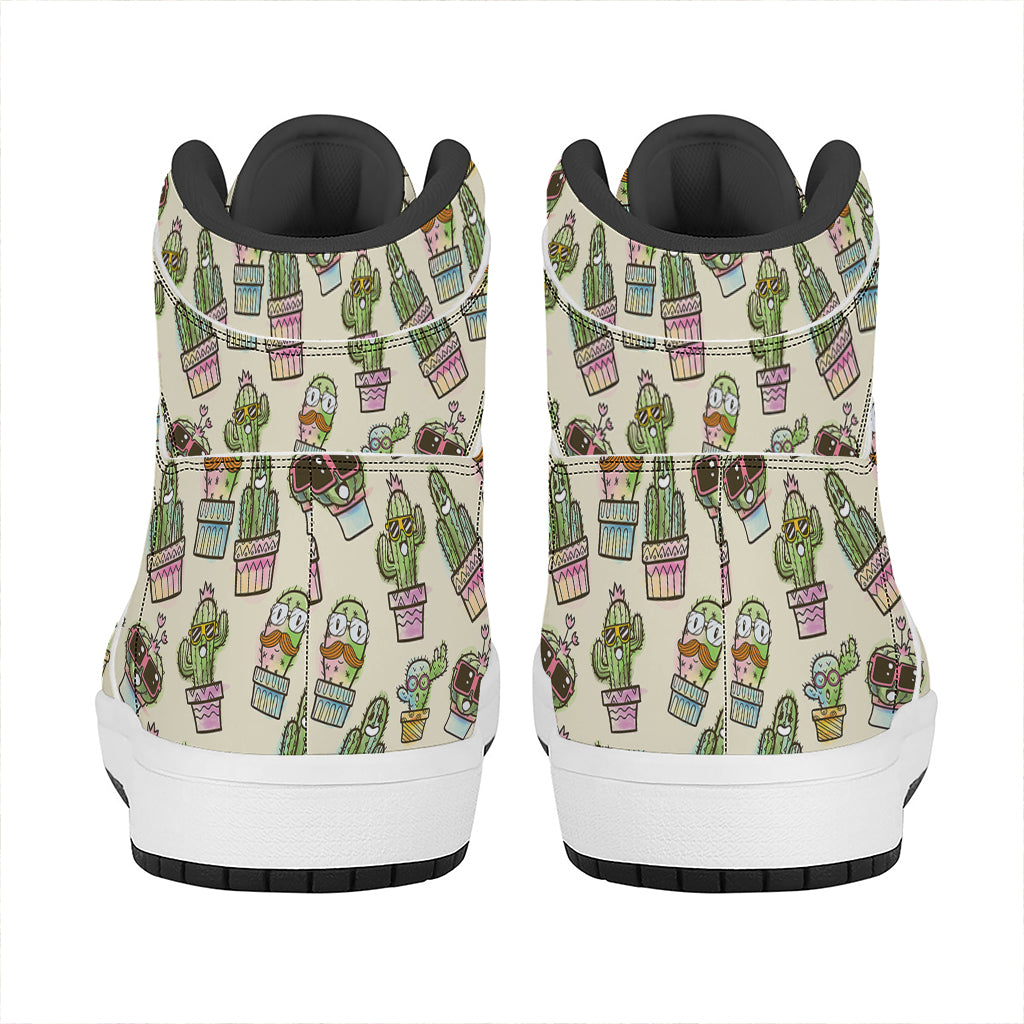 Cute Cartoon Cactus Pattern Print High Top Leather Sneakers