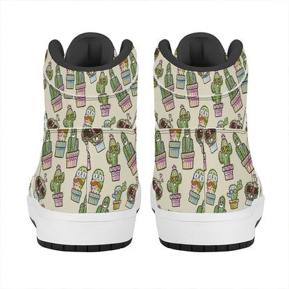 Cute Cartoon Cactus Pattern Print High Top Leather Sneakers