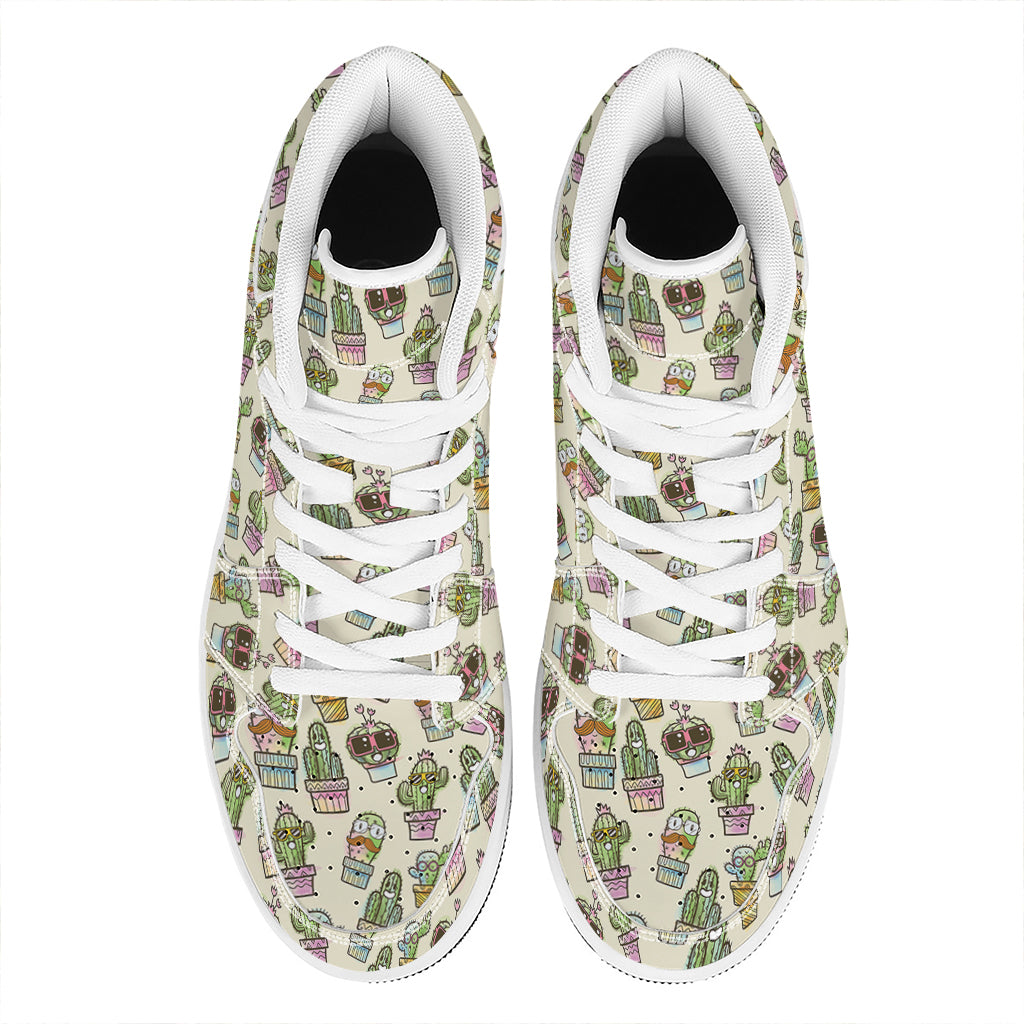 Cute Cartoon Cactus Pattern Print High Top Leather Sneakers