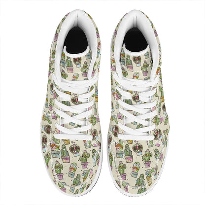 Cute Cartoon Cactus Pattern Print High Top Leather Sneakers