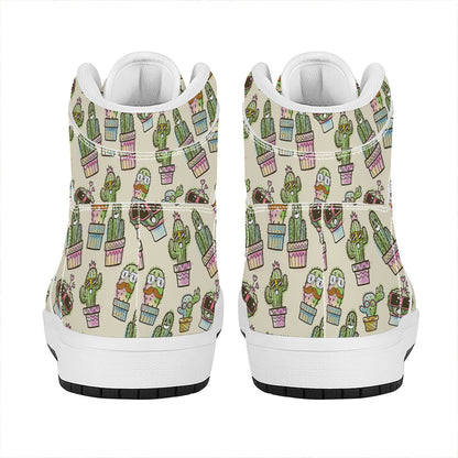 Cute Cartoon Cactus Pattern Print High Top Leather Sneakers