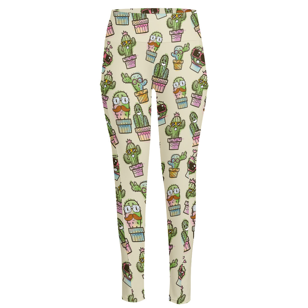 Cute Cartoon Cactus Pattern Print High-Waisted Pocket Leggings