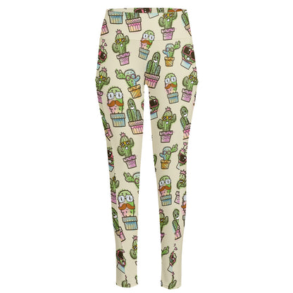 Cute Cartoon Cactus Pattern Print High-Waisted Pocket Leggings