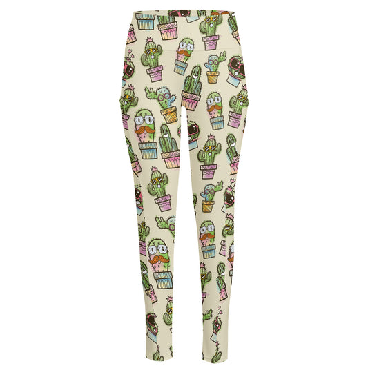 Cute Cartoon Cactus Pattern Print High-Waisted Pocket Leggings