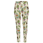 Cute Cartoon Cactus Pattern Print High-Waisted Pocket Leggings