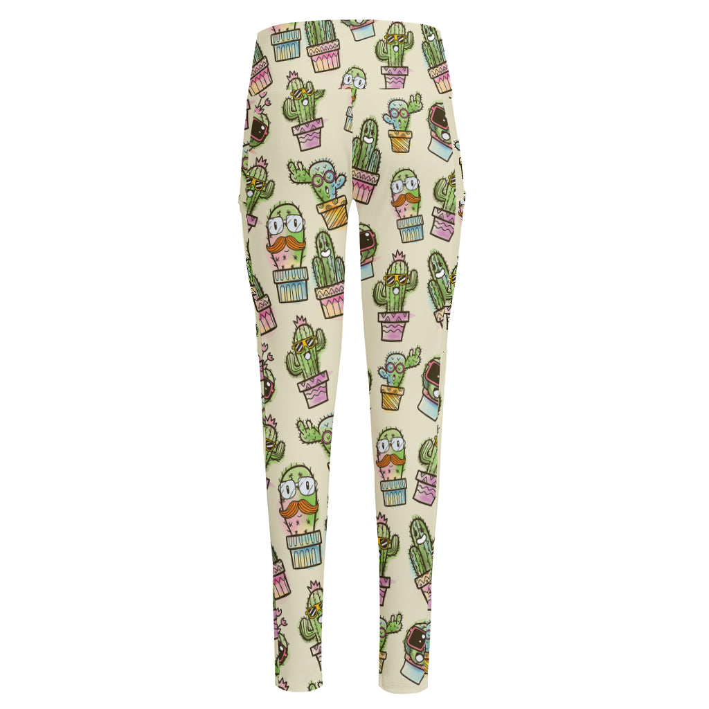 Cute Cartoon Cactus Pattern Print High-Waisted Pocket Leggings