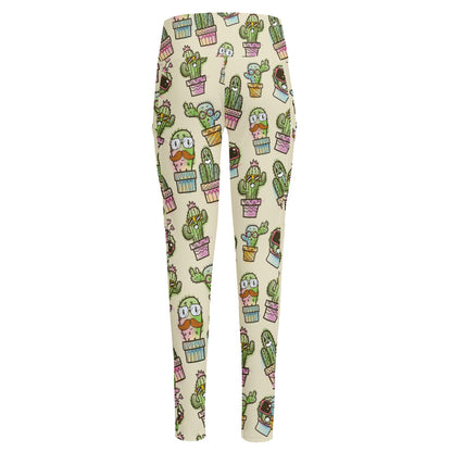 Cute Cartoon Cactus Pattern Print High-Waisted Pocket Leggings