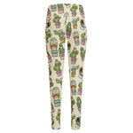 Cute Cartoon Cactus Pattern Print High-Waisted Pocket Leggings
